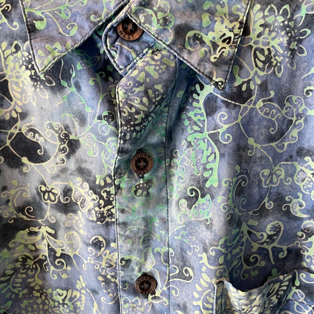 Johari West Mens XLT Batik Shirt Blue Green Tropical Floral Cotton Short Sleeve - Picture 4 of 10
